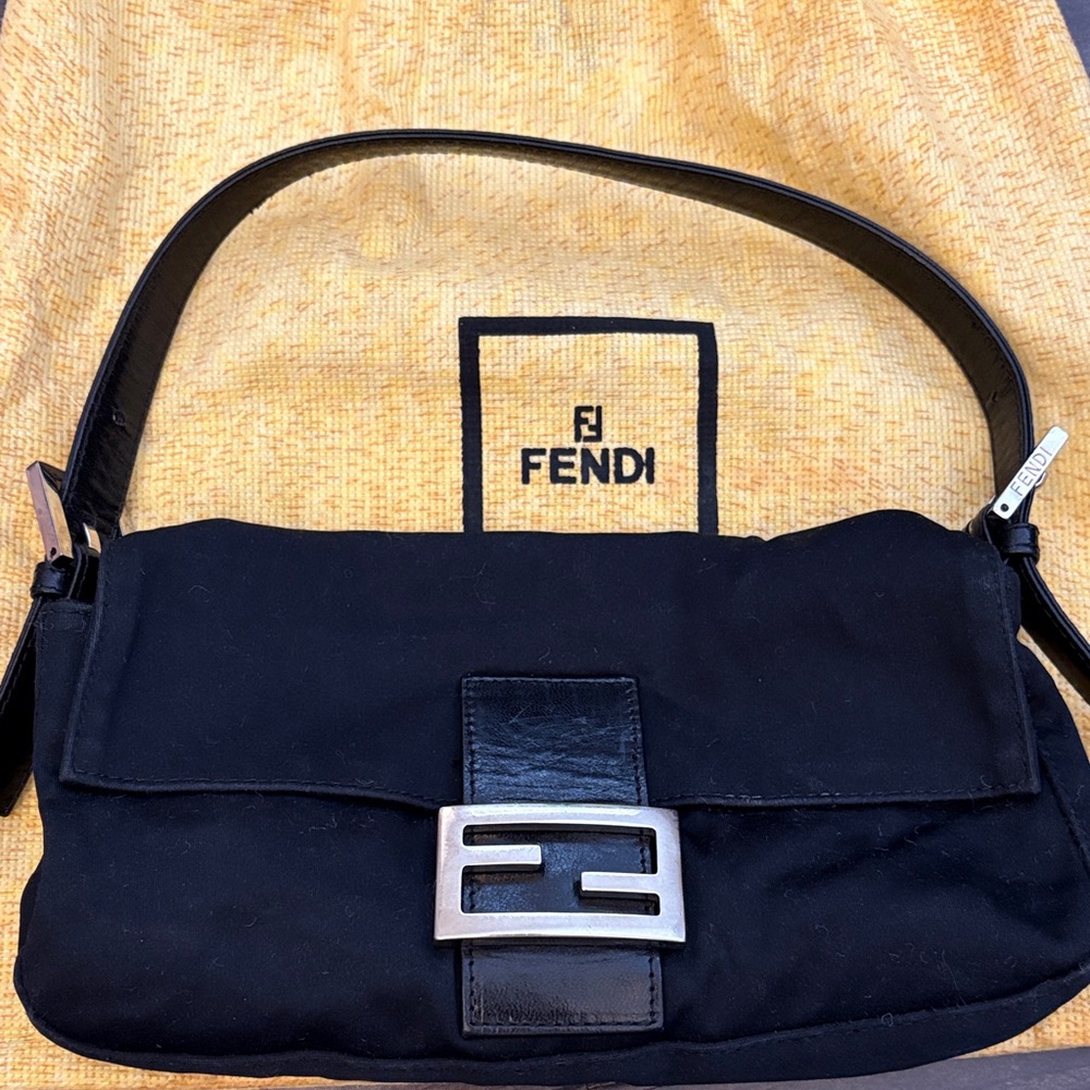 Fendi Black Canvas Shoulder Bag with Silver FF Buckle